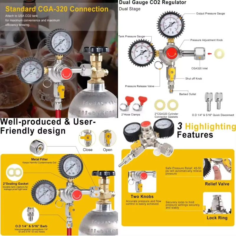 Co2 Regulator Dual Stage - Doppel-Manometer CO2-Tankregler für Kegerator, CGA-320 Bierfass-Regler,